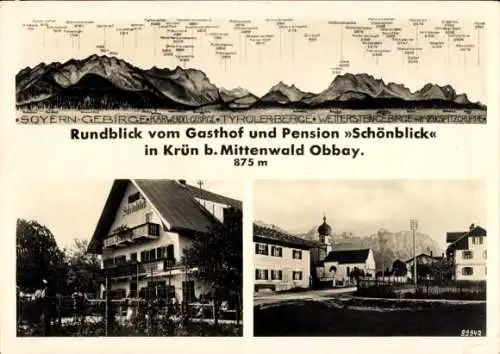 Ak Krün in Oberbayern, Rundblick vom Gasthof und Pension Schönblick, Bergpanorama