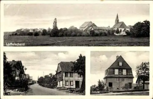 Ak Löffelscheid im Hunsrück, Panorama, Dorfstraße, Schule, Geschäftshaus Franz Steffens