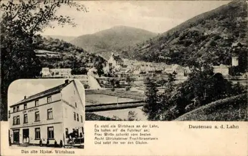 Ak Dausenau an der Lahn, Ortsansicht, altes historisches Wirtshaus