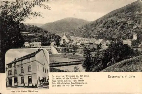 Ak Dausenau an der Lahn in Rheinland Pfalz, Ortsansicht mit alten historischen Wirtshaus