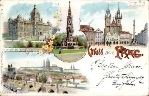 Litho Praha Prag, Museum des Kgr. Böhmen, Großer Ring, Theynkirche, Karlsbrücke, Franzensmonument