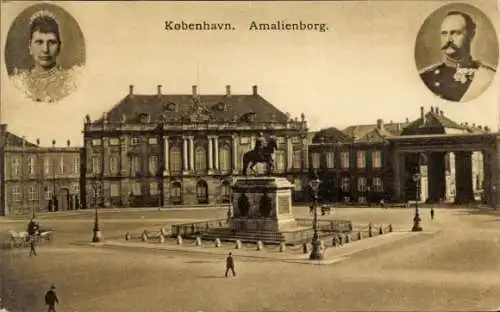 Ak København Kopenhagen Dänemark, Schloss Amalienborg, Denkmal, Portraits Königspaar