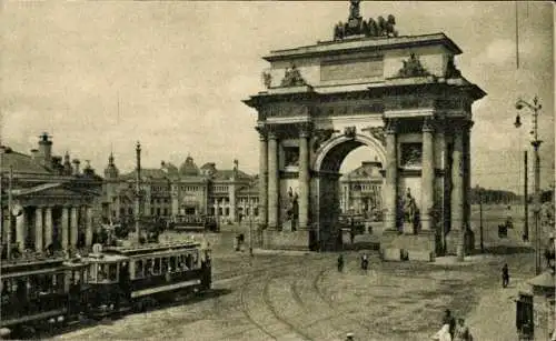 Ak Moskau Russland, vue générale du nouvel arc de triomphe, Straßenbahn