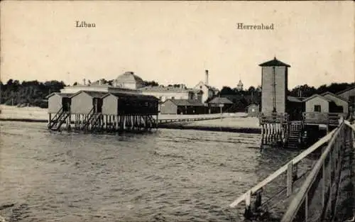 Ak Liepaja Libau Lettland, Blick in das Herrenbad, Strand