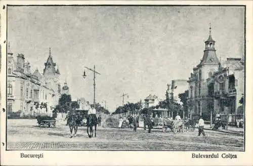 Ak Bukarest Rumänien, Boulevard Coltea, Kutsche, Straßenlaterne, Passanten