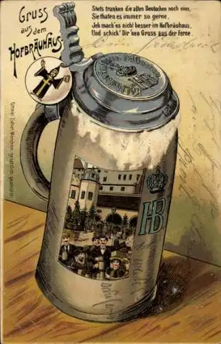 Präge Litho München, Hofbräuhaus, Bierkrug, Spruch