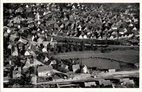 Ak Großbottwar in Württemberg, Fliegeraufnahme, Stadt und Kirche, Bahnhof