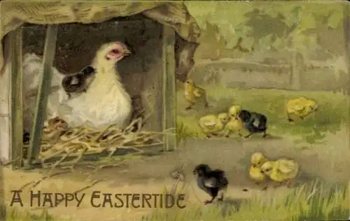 Präge Ak Glückwunsch Ostern, Küken, Henne, Nest