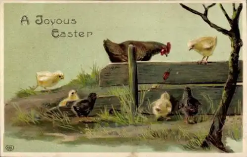 Präge Ak Glückwunsch Ostern, Küken, Henne, Zaun, Käfer