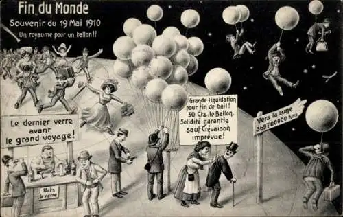 Ak Weltuntergang, Halleyscher Komet 1910, Ballons zum Mond