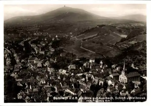 Ak Bensheim an der Bergstraße Hessen, Luftaufnahme, Blick auf Auerbach, Schloss, Melibocus