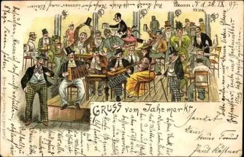 Litho Gruß vom Jahrmarkt, musizierende Männer