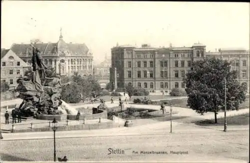 Ak Szczecin Stettin Pommern, Manzelbrunnen, Hauptpost, Straßenansicht