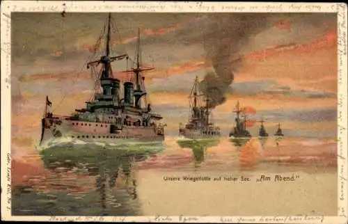 Litho Deutsche Kriegsschiffe, Kriegsflotte auf hoher See, Am Abend, Kaiserliche Marine