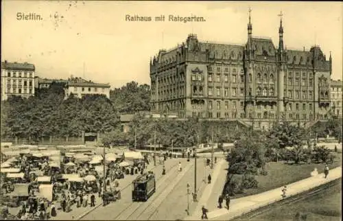 Ak Szczecin Stettin Pommern, Rathaus m. Ratsgarten