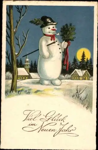 Ak Glückwunsch Neujahr, Schneemann, Winterlandschaft