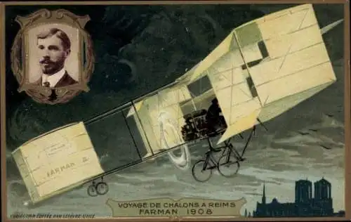 Präge Ak Reise von Chalons nach Reims, Farman 1908, Luftfahrt, Flugpioniere