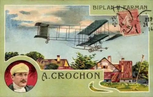 Künstler Ak Aviation, A. Crochon, Biplane H. Farman