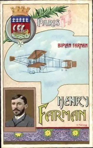 Wappen Künstler Ak Flugpioniere, Henry Farman, Flugzeuge, Doppeldecker Farman