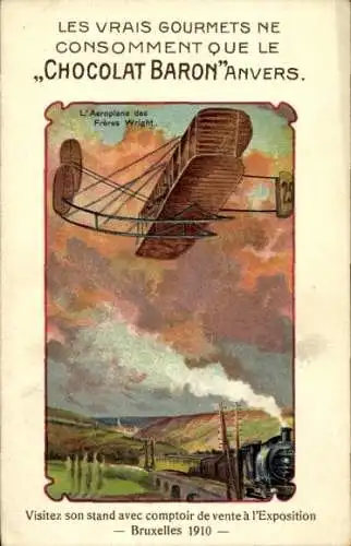 Ak Flugpionierfahrt, Flugzeug, Wright, Eisenbahn, Werbung, Chocolat Baron