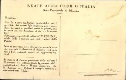 Künstler Ak Messina Sizilien, Reale Aero Club d'Italia, Sottoscrizione Velivolo Messina