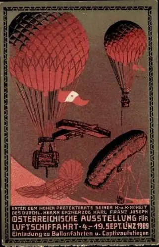 Ak Linz an der Donau Oberösterreich, Luftschifffahrt-Ausstellung 1909, Ballons