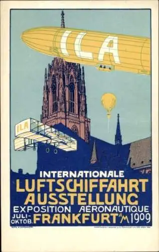 Künstler Ak Internationale Luftschifffahrt-Ausstellung Frankfurt am Main 1909, Zeppelin, Flugzeug