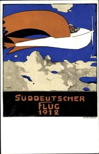 Künstler Ak Süddeutscher Flug 1912, Zivilflugzeug, Flugpioniere