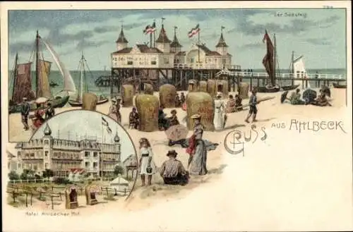 Litho Ostseebad Ahlbeck Heringsdorf auf Usedom, Seesteg, Hotel Ahlbecker Hof