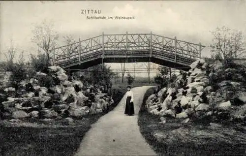 Ak Zittau in der Oberlausitz, Weinaupark, Schillerhain, Brücke