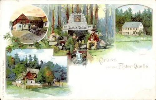 Litho Reuth Bad Elster im Vogtland, Elster Quelle, Oberreuth, Teilansicht