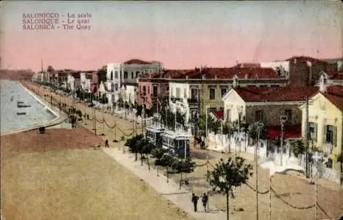 Ak Saloniki Thessaloniki Griechenland, Les Quais pavoises, Straßenbahn