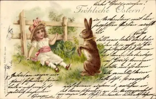 Ak Frohe Ostern, Osterhase sitzt mit Mädchen auf Wiese