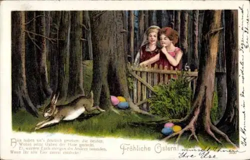 Ak Frohe Ostern, Osterhase versteckt Ostereier, Mädchen