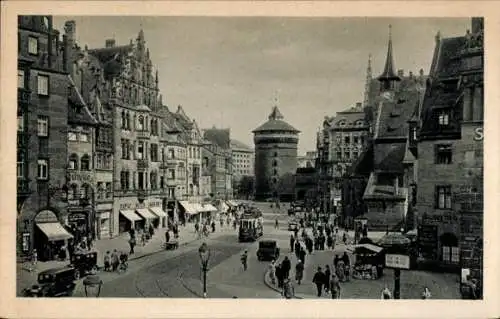 Ak Nürnberg in Mittelfranken, Königstraße, Frauentorturm, Geschäftshäuser, Straßenbahn