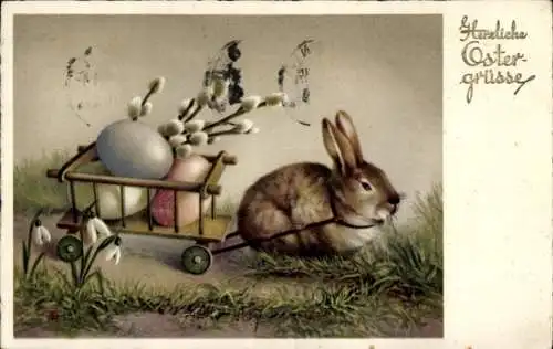 Ak Frohe Ostern, Osterhase zieht Wagen mit Ostereiern und Weidenkätzchen