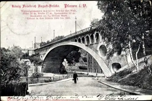 Ak Plauen im Vogtland, König Friedrich August Brücke, weitestgespannte Wölbbrücke der Welt