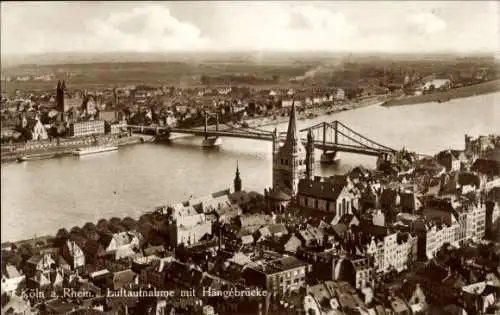 Ak Köln am Rhein, Teilansicht, Hängebrücke, Luftaufnahme