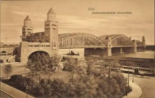 Ak Köln am Rhein, Hohenzollernbrücke, Dombrücke, Straßenbahn