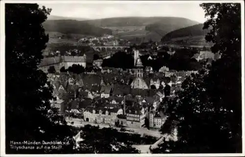 Ak Hann. Münden in Niedersachsen, Durchblick von der Tillyschanze auf die Stadt