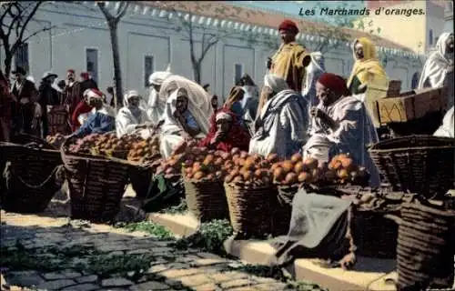 Ak Les Marchands d'oranges, Straßenhändler, Orangen, Maghreb