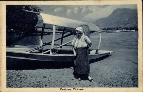 Ak Kanton Tessin, Frau in schweizerischer Tracht, Strand, Boot