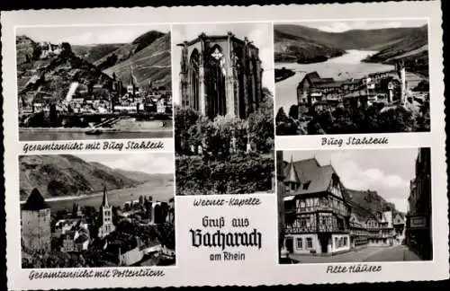 Ak Bacharach am Rhein, Gesamtansicht, Burg Stahleck, Postentürme, Werner Kapelle, Alte Häuser