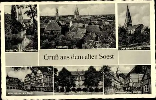 Ak Soest, Großer Teich, schiefer Turm, Markt, Rathaus