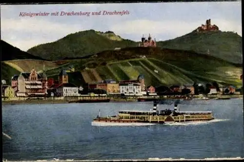 Ak Königswinter am Rhein, Drachenfels, Drachenburg, Dampfer