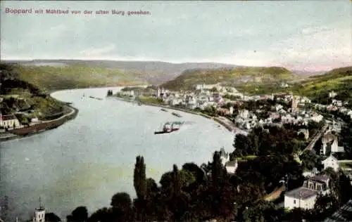 Ak Boppard am Rhein, Mühlbad von der alten Burg gesehen, Dampfer