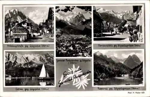 Ak Garmisch Partenkirchen in Oberbayern, Florianplatz, Riemersee, Frühlingstraße, Eibsee, Zugspitze