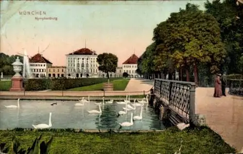 Ak Nymphenburg München Bayern, Teilansicht, Schwäne, Anlage, Wasserfontäne