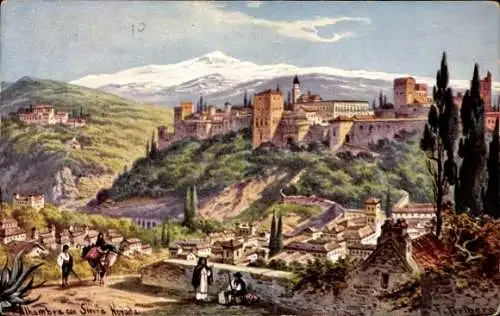 Künstler Ak Perlberg, Granada Andalusien, Alhambra mit Sierra Nevada