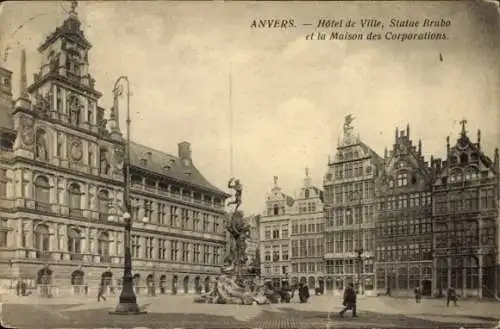 Ak Antwerpen Antwerpen Flandern, Rathaus, Firmenhäuser, Brabo-Statue